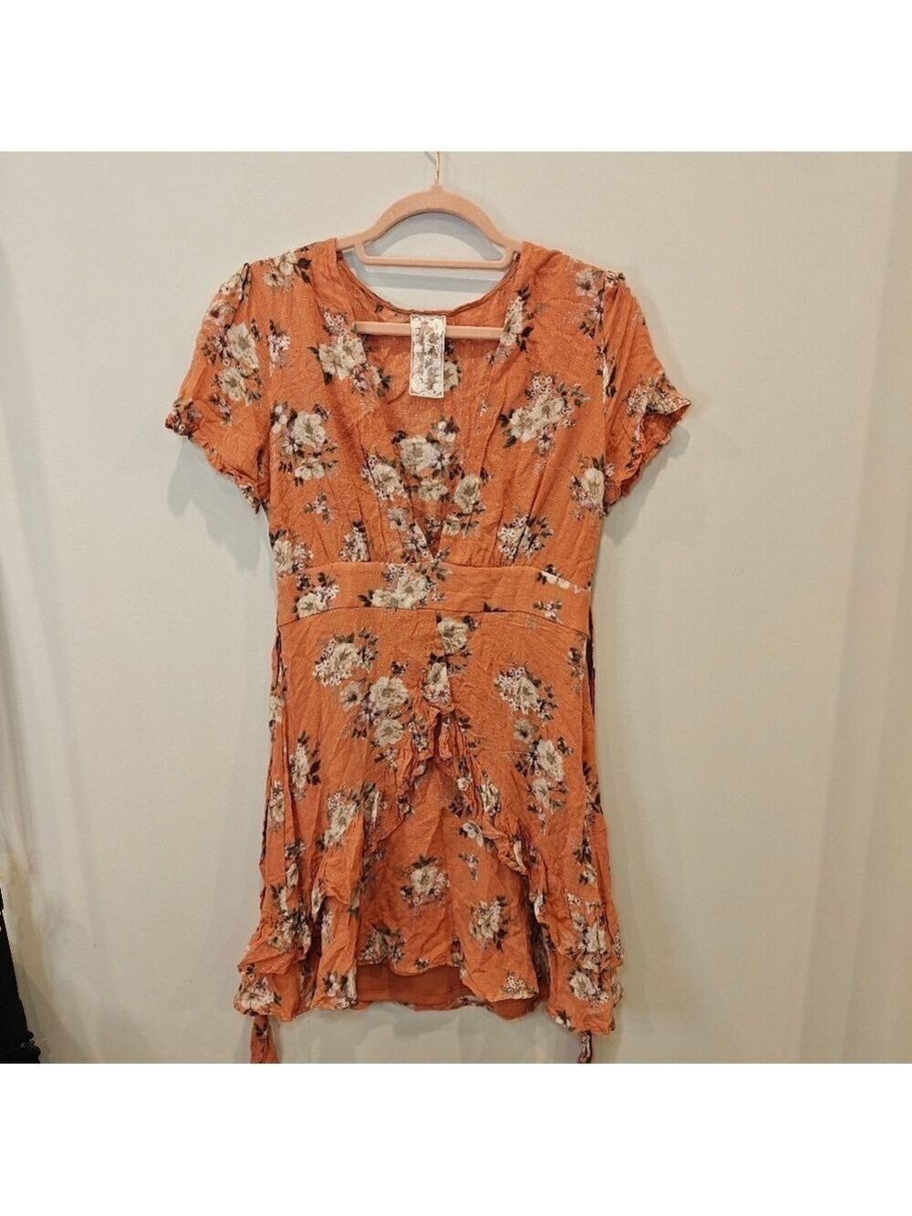 Sadie & Sage Rust Floral Wrap Mini Dress Ruffle Sleeve Boho Small 0522 - Picture 2 of 7